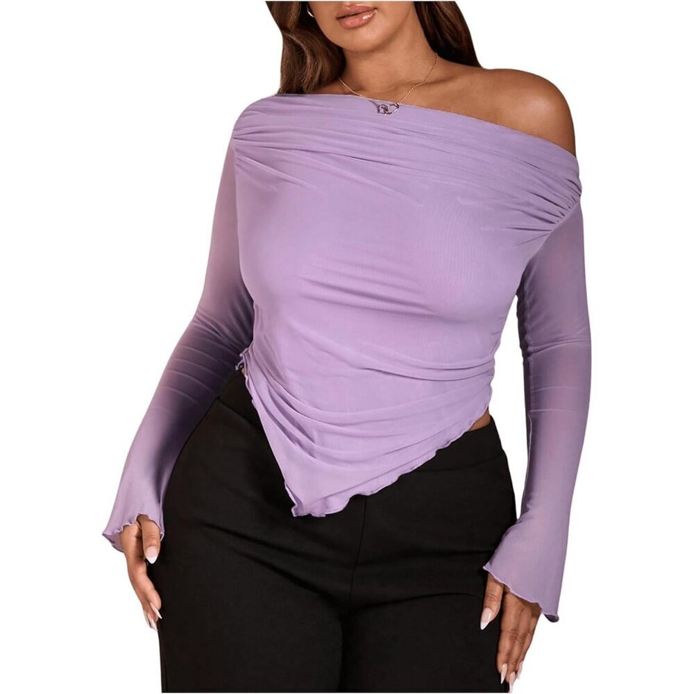Women's Plus Size Off Shoulder Mesh Top Ruched Long Sleeve T Shirt